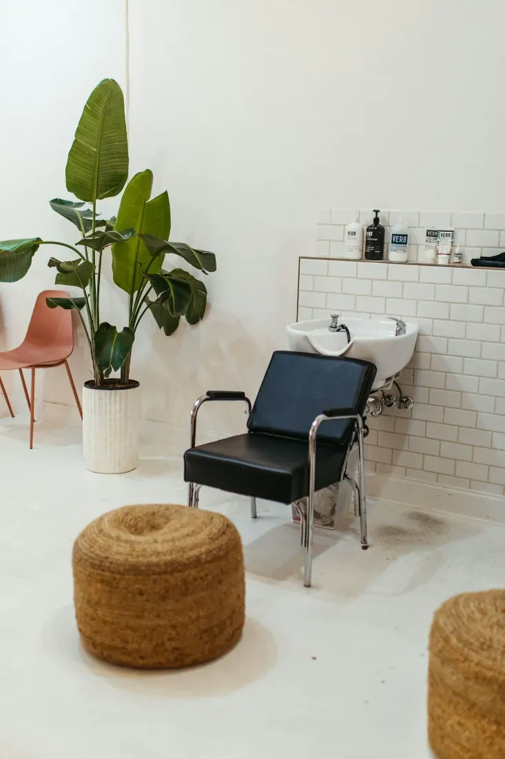 A salon backwash chair beside a plant